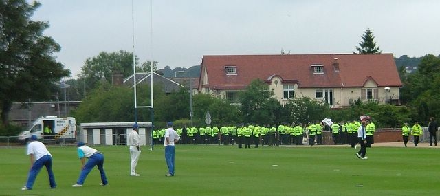 The Israel players get braver on the Sunday. On Saturday they warmed up at the furthest point from the protestors.