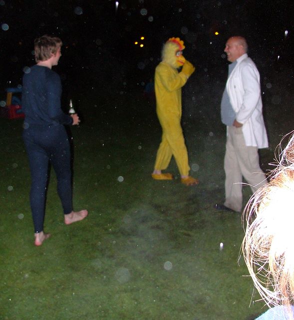 Next disturbing photo. Dan in skin tight something or others. And a walking, talking chicken.